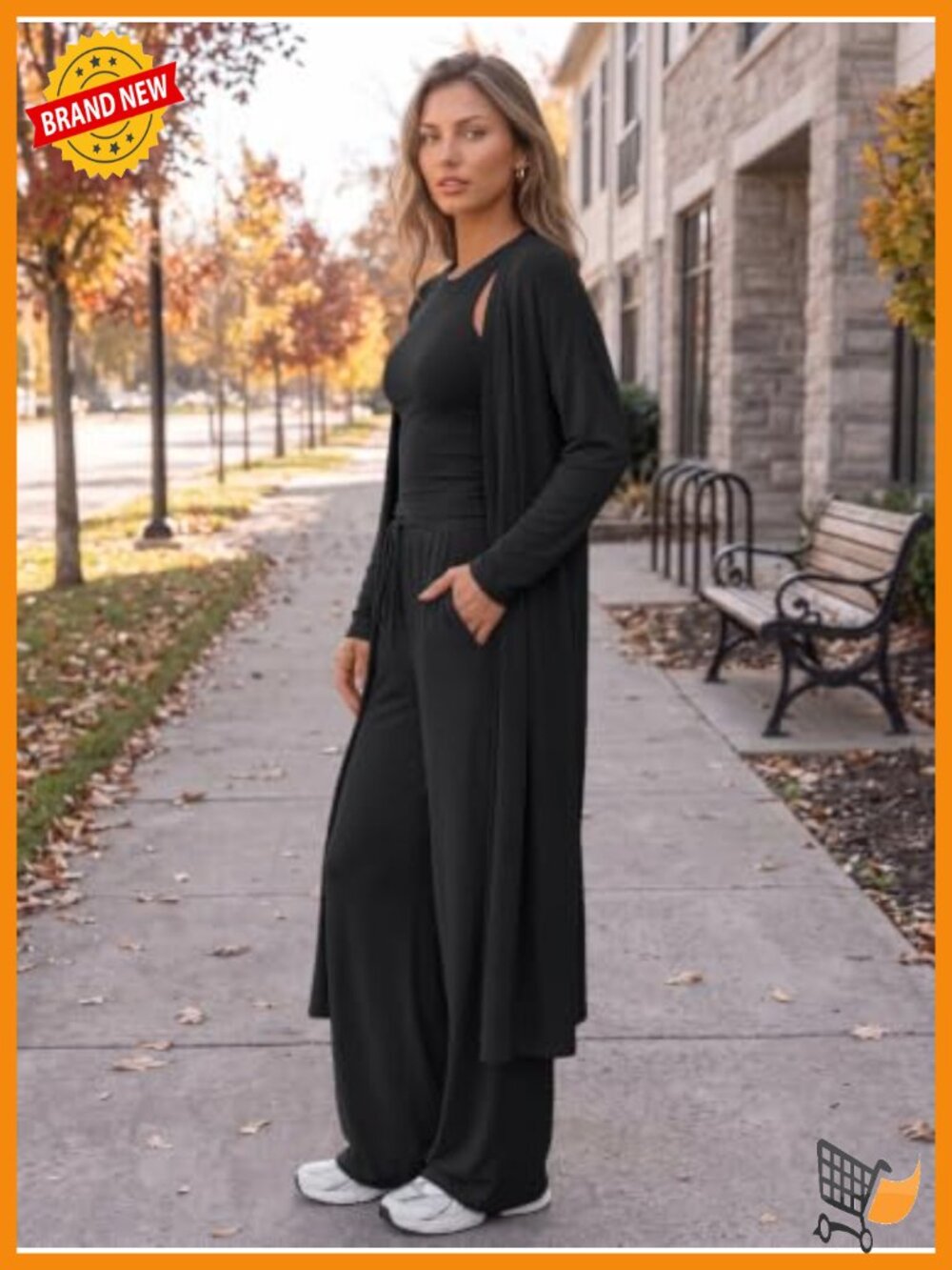 3 Piece Lounge Set Crop Tank Wide Leg Pants Duster Travel Outfit - Picture 2 of 5